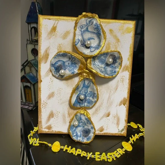 HANDMADE EASTER DECOUPAGE OYSTER SHELL CROSS. - Picture 5 of 13